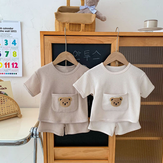 Unisex Baby Suit Clothes For Babies Summer Two-piece Waffle - QuickTrendz