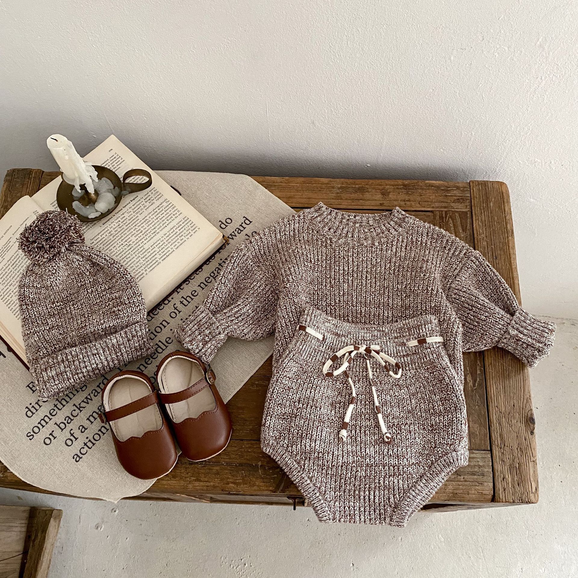 Infant Baby Girl Mixed Color Thick Needle Pullover Pants Pullover Fur Ball Knitted Hat 3-piece Set - QuickTrendz