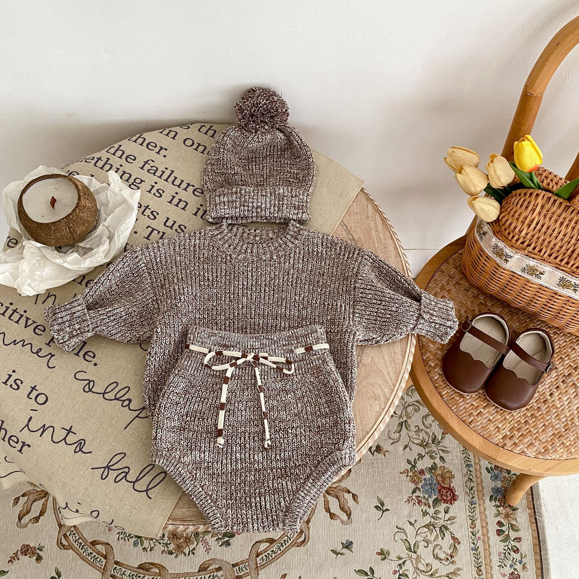 Infant Baby Girl Mixed Color Thick Needle Pullover Pants Pullover Fur Ball Knitted Hat 3-piece Set - QuickTrendz