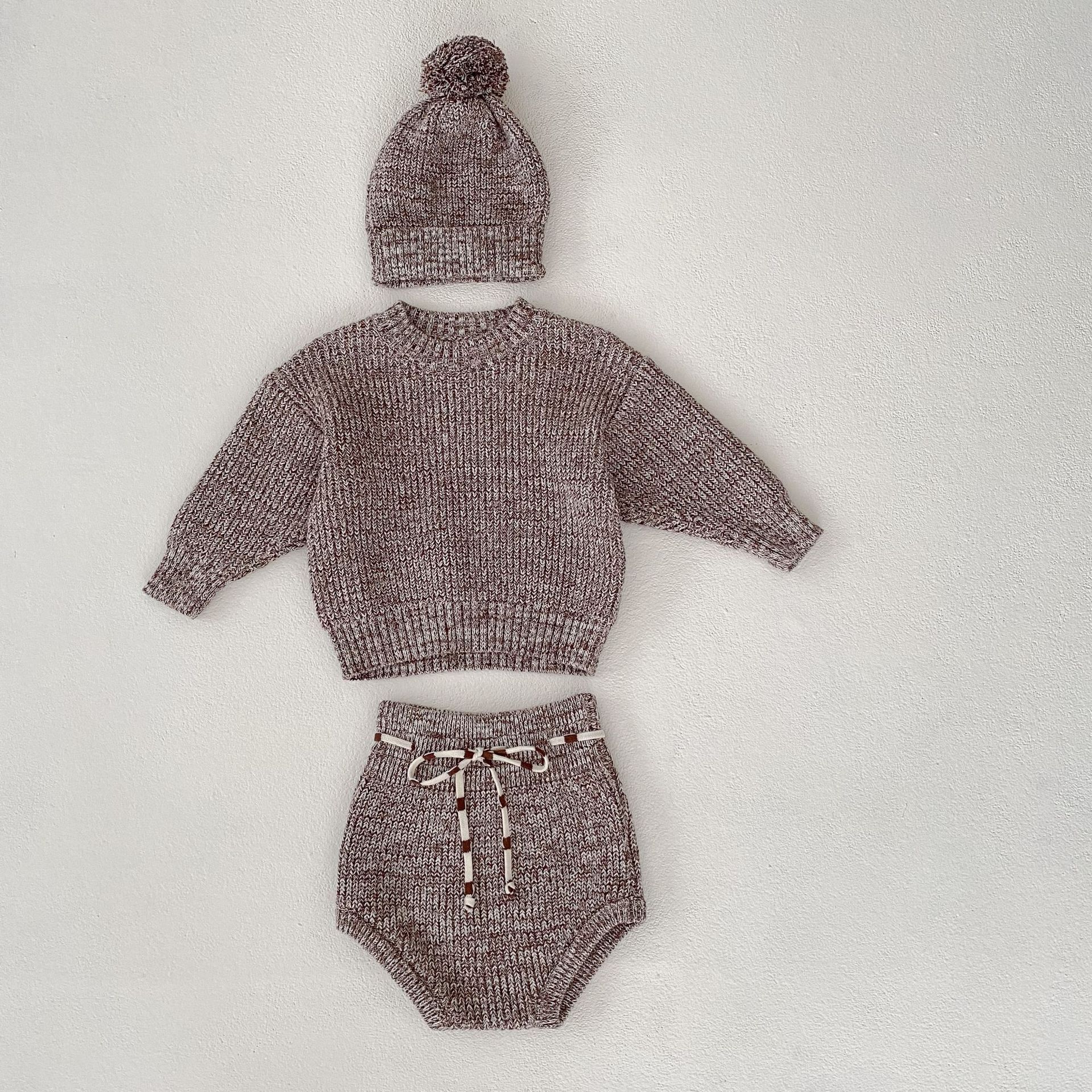 Infant Baby Girl Mixed Color Thick Needle Pullover Pants Pullover Fur Ball Knitted Hat 3-piece Set - QuickTrendz