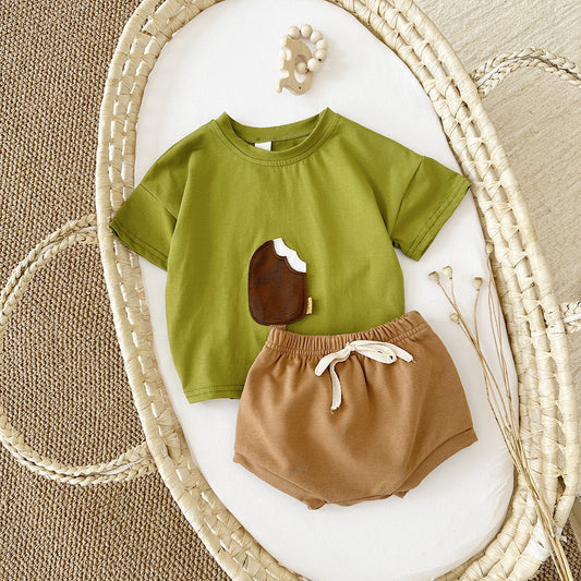 Girls' Casual Round Neck Cotton Ice Cream Patch Short Sleeve Shorts Suit - QuickTrendz